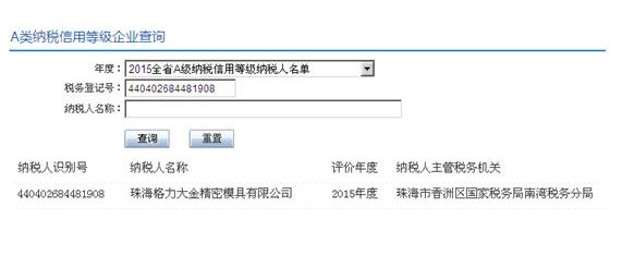 格力大金模具被評定2015年度納稅信用等級A級企業(yè)